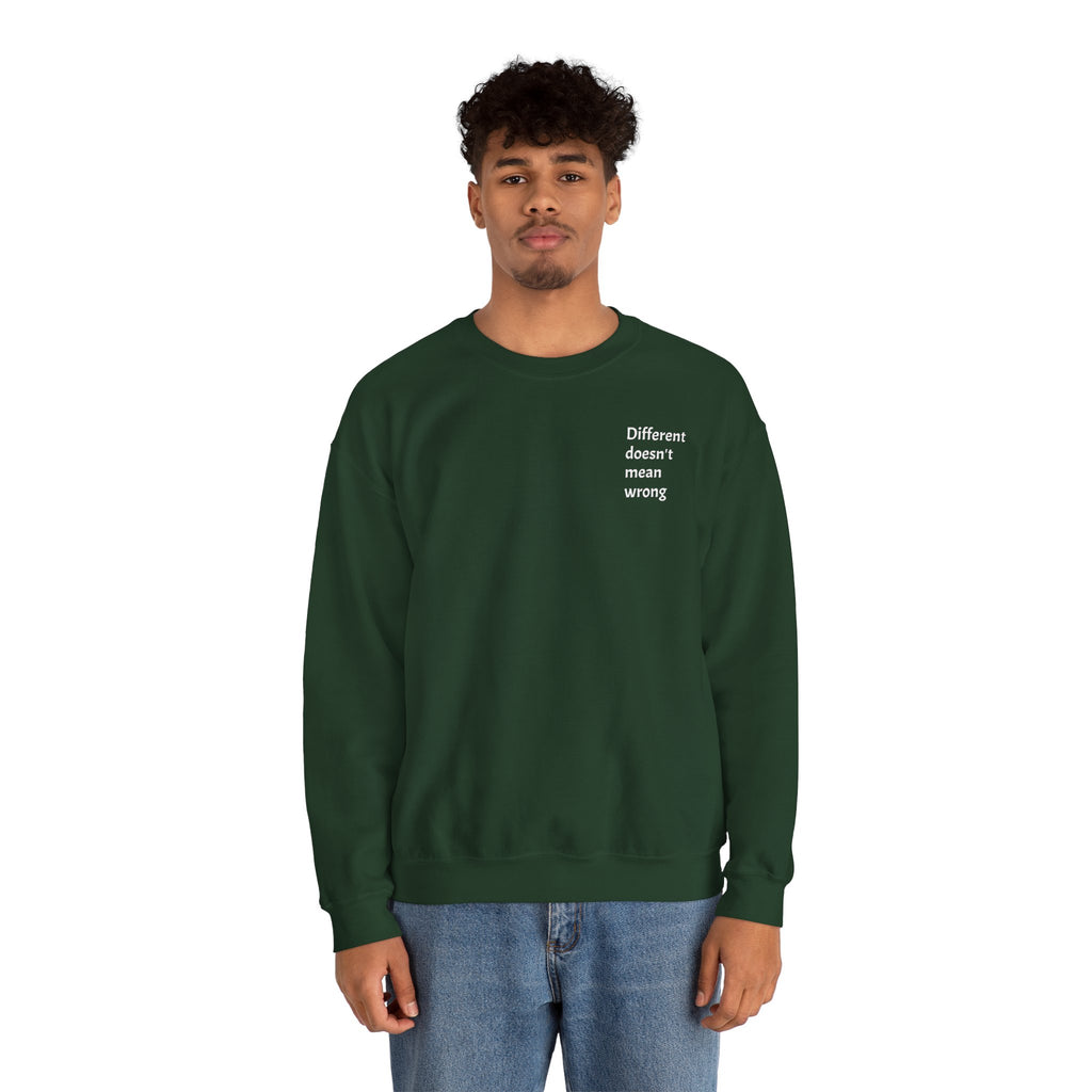 Crewneck Sweatshirt — "Success is a Series of Small Wins" Inspirational Pullover ("Different doesn't mean wrong" chest text)
