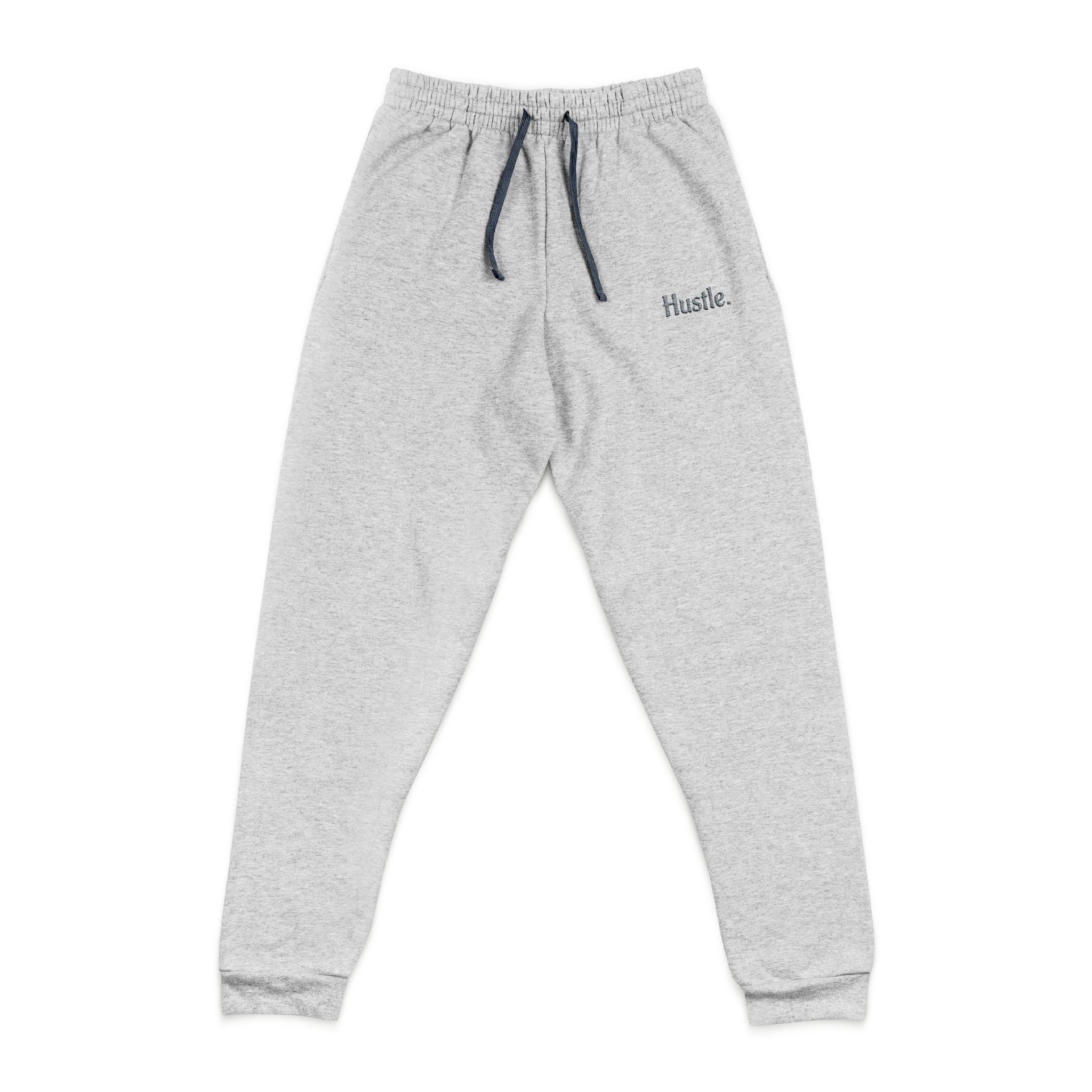 Joggers — Embroidered “Hustle.” Crewneck Lounge Pants, Soft Grey Athletic Sweatpants for Everyday Wear