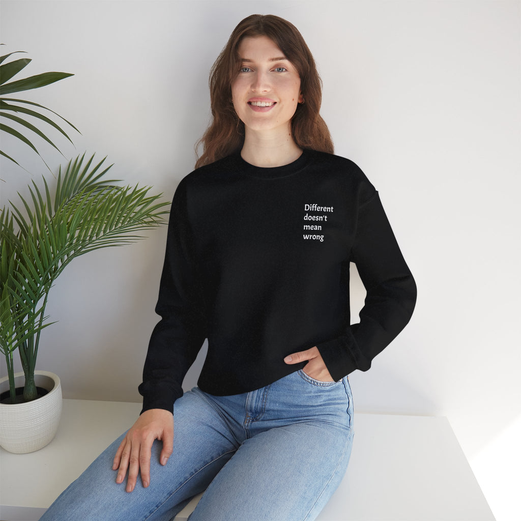 Crewneck Sweatshirt — "Success is a Series of Small Wins" Inspirational Pullover ("Different doesn't mean wrong" chest text)