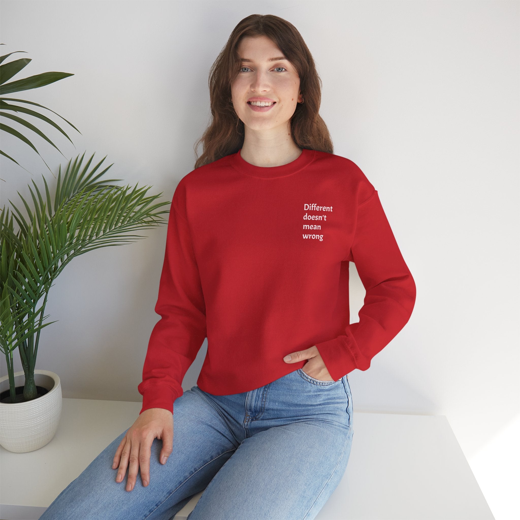 Crewneck Sweatshirt — "Success is a Series of Small Wins" Inspirational Pullover ("Different doesn't mean wrong" chest text)