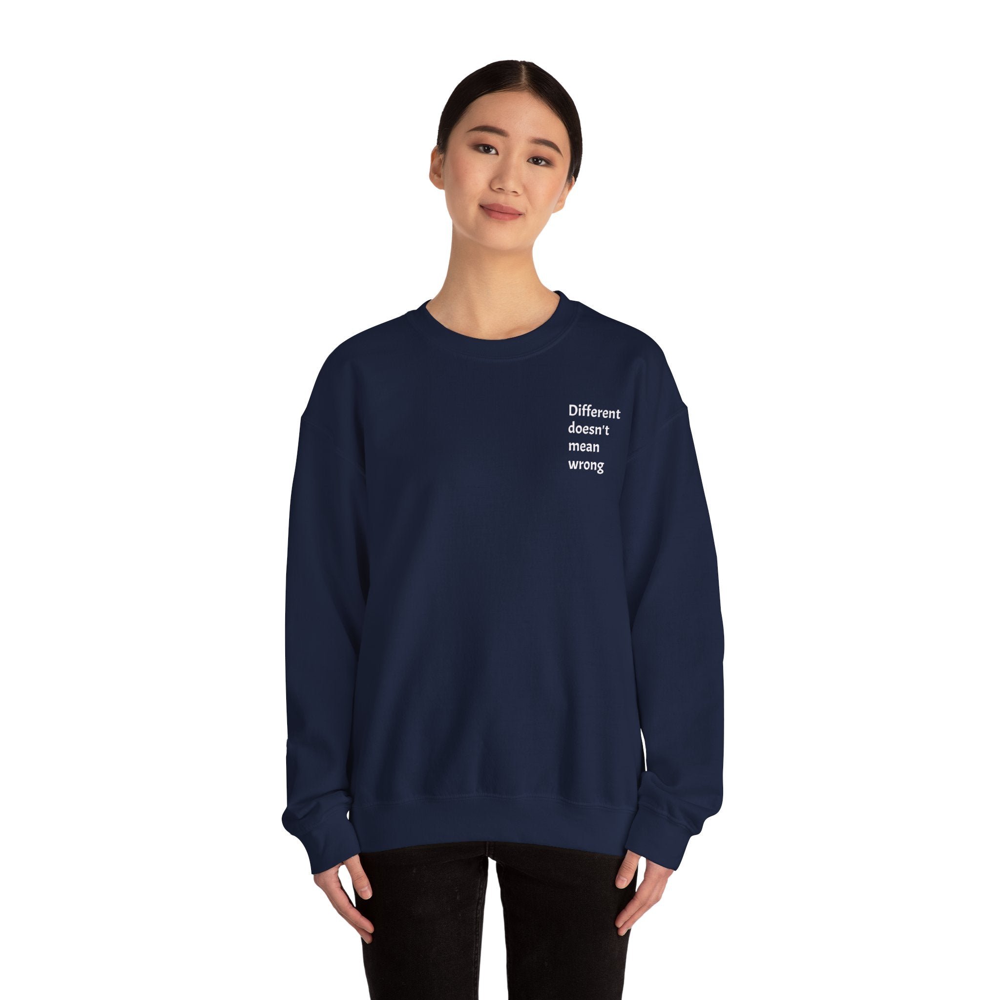 Crewneck Sweatshirt — "Success is a Series of Small Wins" Inspirational Pullover ("Different doesn't mean wrong" chest text)