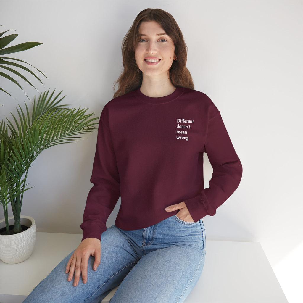 Crewneck Sweatshirt — "Success is a Series of Small Wins" Inspirational Pullover ("Different doesn't mean wrong" chest text)